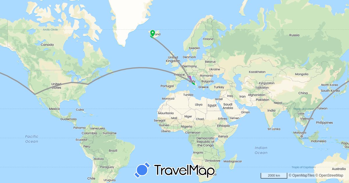 TravelMap itinerary: driving, bus, plane, train in China, Iceland, Italy, Singapore, United States (Asia, Europe, North America)